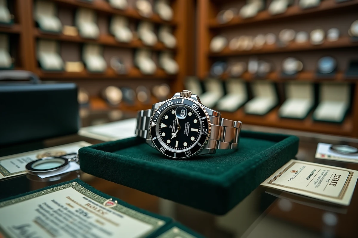 Une Rolex Submariner sur un plateau en velours noir avec certificat d'authenticité chez un revendeur de montres d'occasion