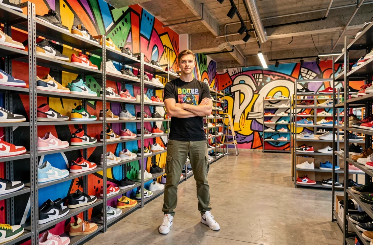 Intérieur du magasin S2 Sneakers à Coutances avec un employé posant devant un mur de sneakers premium et des murales graphiques