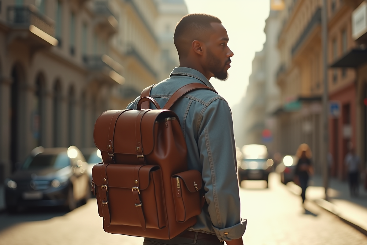 Personne portant un sac à dos en cuir dans une rue urbaine ensoleillée