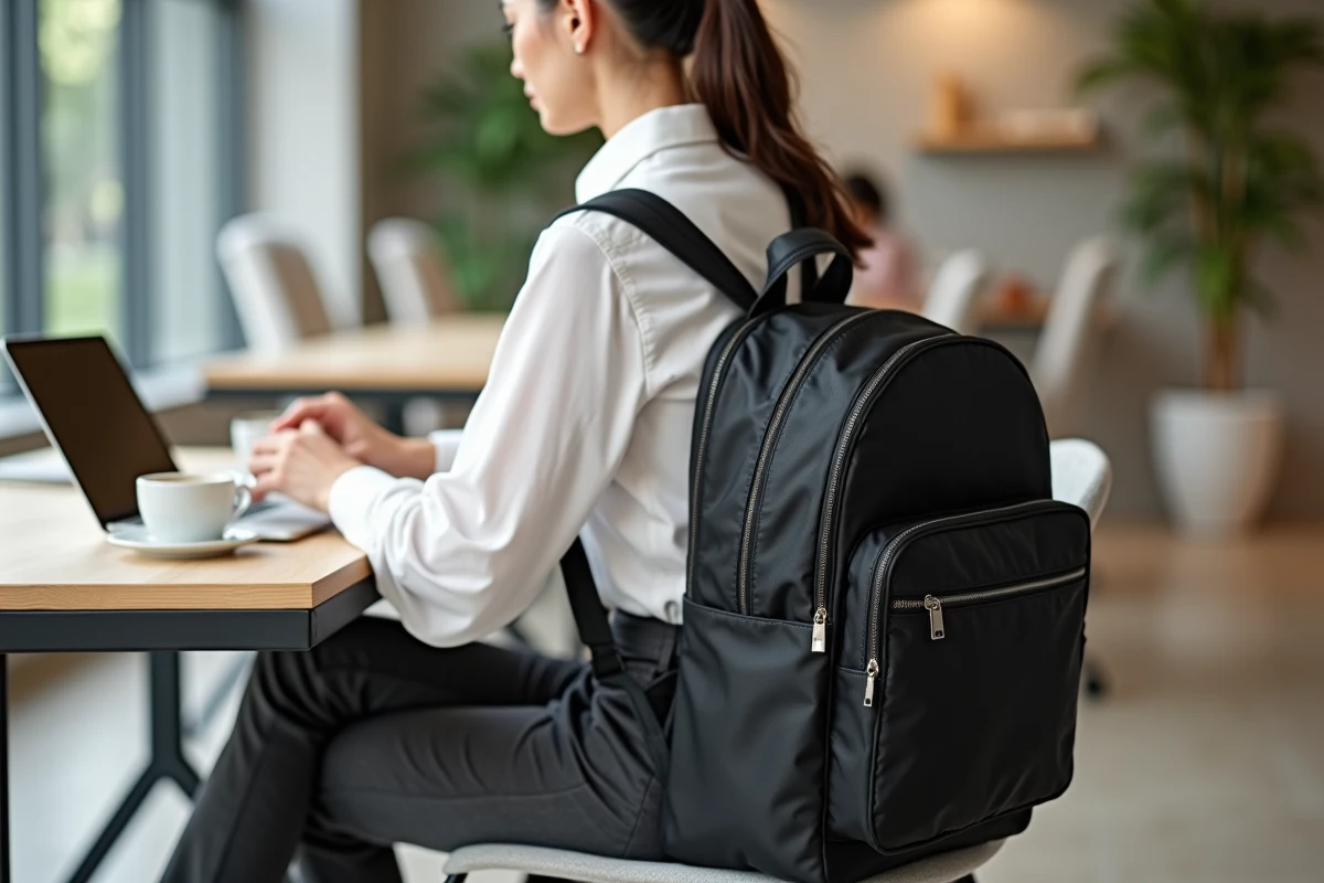 Femme assise à un bureau de coworking posant un sac à dos noir fonctionnel et élégant avec compartiment rembourré