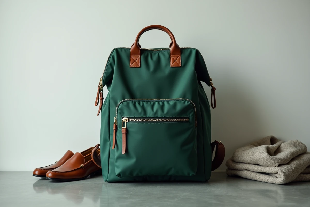 Sac à dos femme vert forêt ergonomique et anti-douleur pour le bureau posé sur béton avec compartiment ordinateur visible