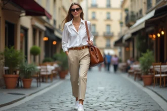 Femme élégante portant un sac sport en cuir camel et des baskets blanches dans une rue pavée parisienne
