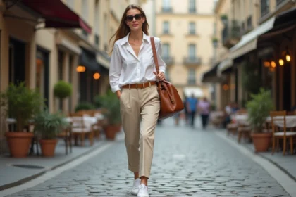Femme élégante portant un sac sport en cuir camel et des baskets blanches dans une rue pavée parisienne