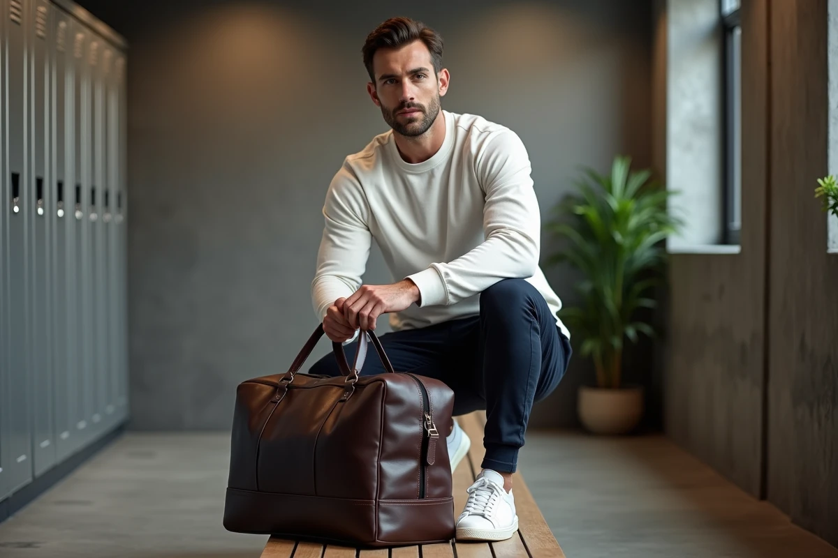 Homme avec un sac de sport en cuir marron et des baskets blanches dans un vestiaire moderne