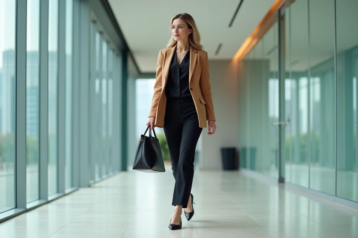 Femme élégante en sarouel noir et blazer camel marchant dans un couloir de bureau vitré