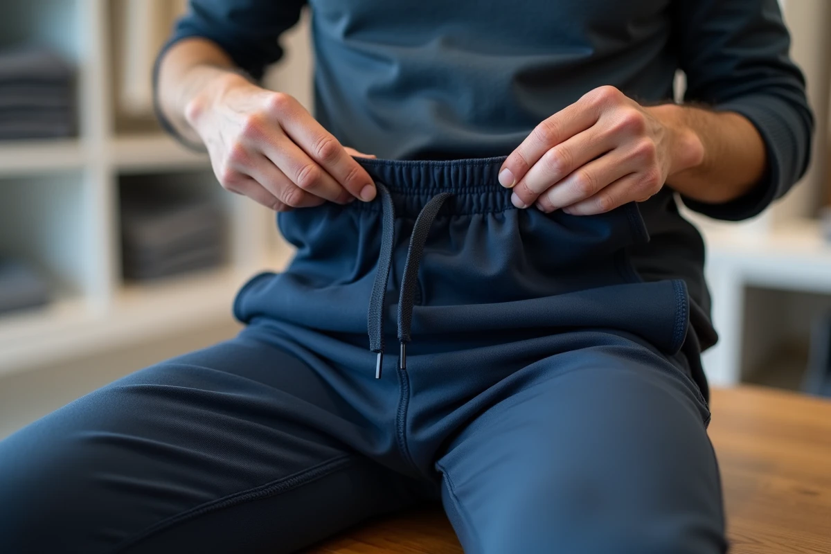 Homme inspectant la ceinture élastique d'un sarouel jogging marine dans un magasin de sport, gros plan sur la qualité du tissu