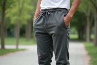 Homme portant un sarouel jogging gris anthracite dans un parc urbain, vue trois quarts montrant la coupe et le tombé du pantalon