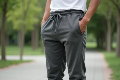 Homme portant un sarouel jogging gris anthracite dans un parc urbain, vue trois quarts montrant la coupe et le tombé du pantalon