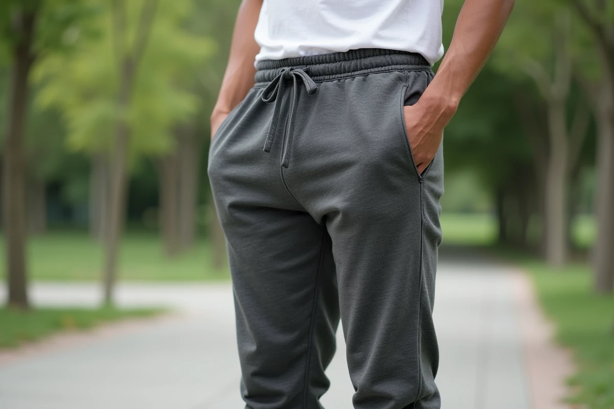 Homme portant un sarouel jogging gris anthracite dans un parc urbain, vue trois quarts montrant la coupe et le tombé du pantalon