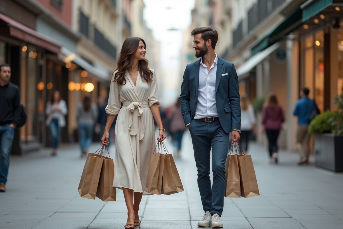 Jeune couple faisant du shopping dans une rue urbaine