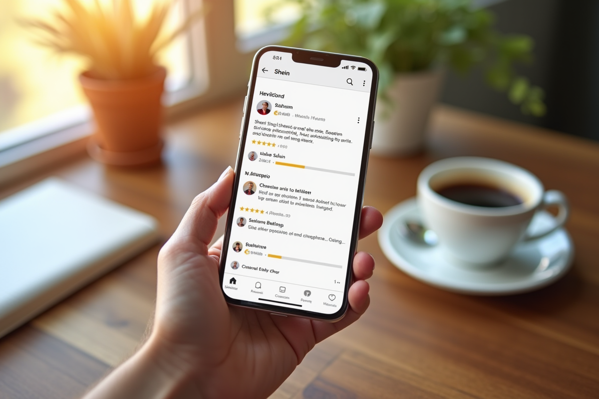 Smartphone affichant les avis et notes de l application Shein