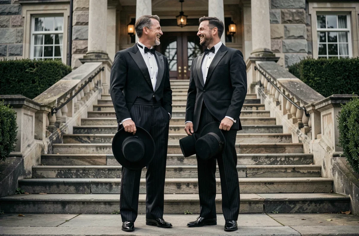 Deux hommes en smoking élégant style années 30 avec chapeau haut de forme devant une villa art déco lors d'une soirée thème Gatsby