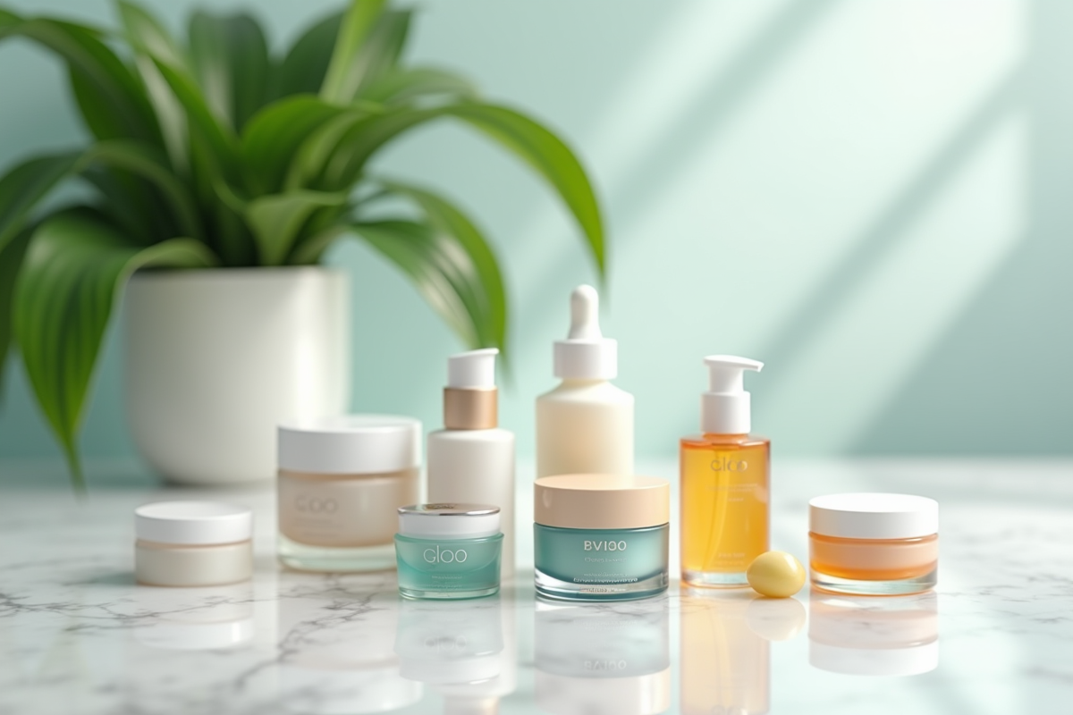 Produits de soin visage sur planche en marbre avec plante verte