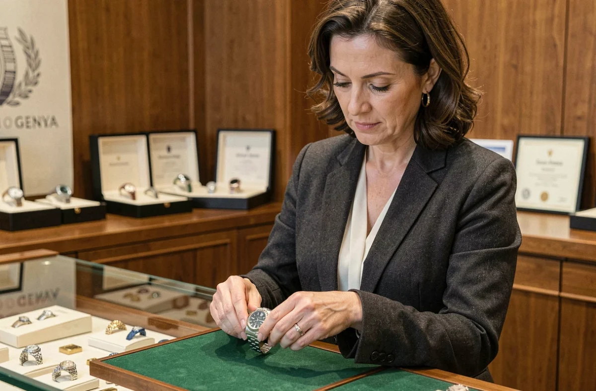 Spécialiste horlogère tenant une Rolex Datejust dans une bijouterie genevoise