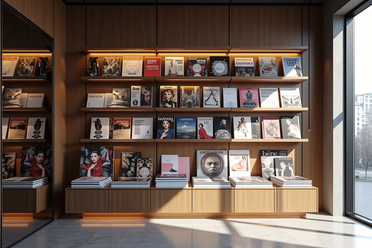 Support à magazines moderne dans une boutique chic avec lumière naturelle