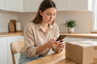 Jeune femme suivant le statut de livraison d'un colis Shein sur son smartphone dans une cuisine moderne