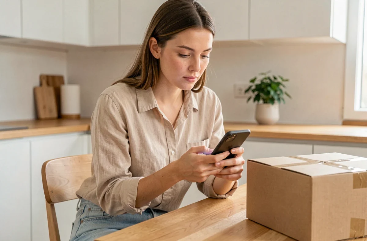 Jeune femme suivant le statut de livraison d'un colis Shein sur son smartphone dans une cuisine moderne