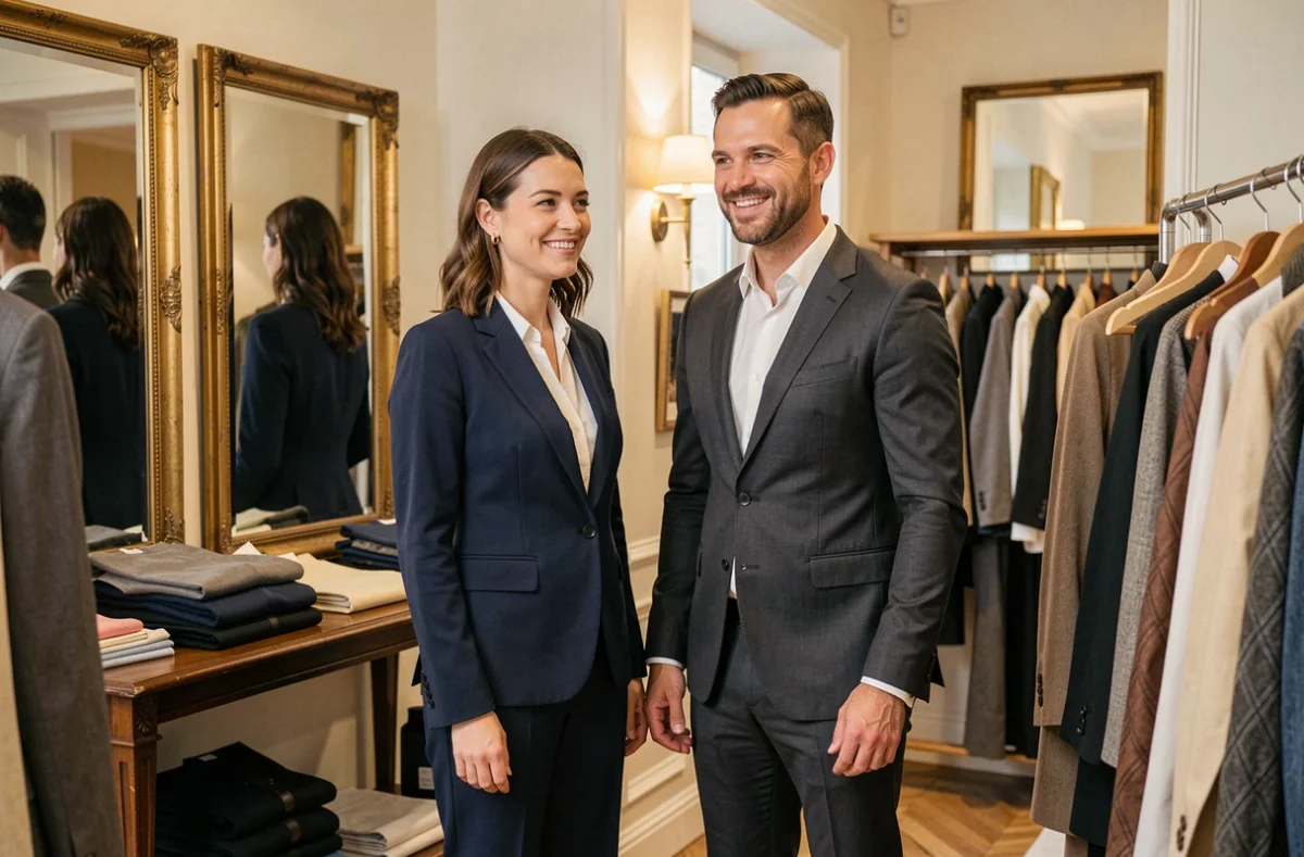 Couple en vêtements sur mesure homme et femme lors d'un essayage dans la boutique Sur Mon 31 à Lyon