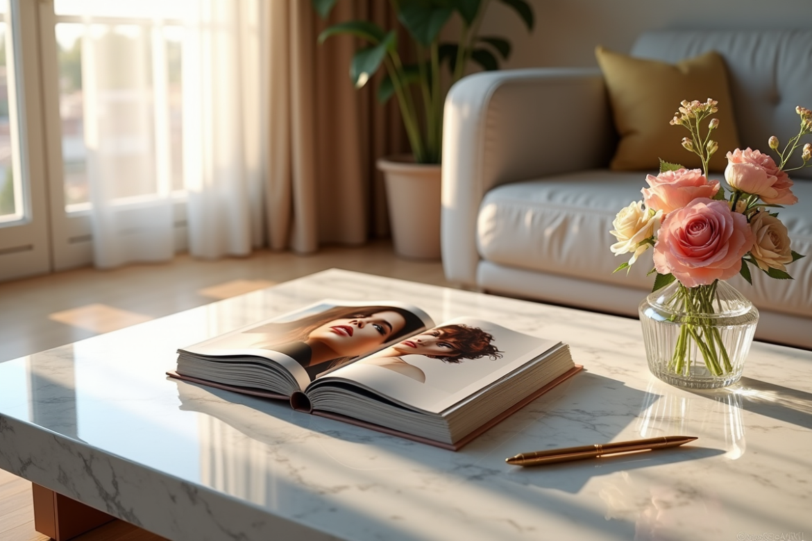 Table basse en marbre dans un salon lumineux avec magazines et fleurs