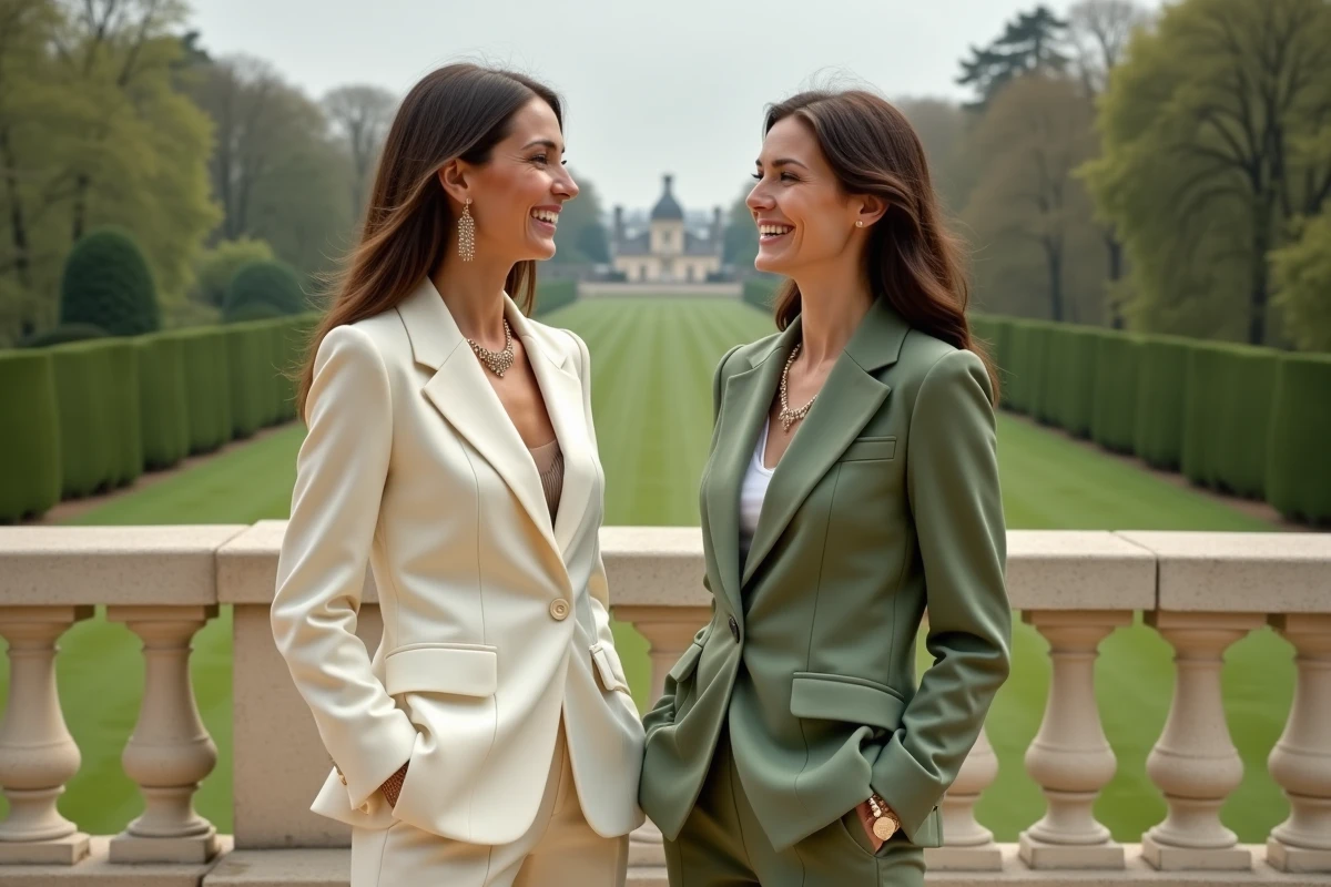 Deux femmes portant des tailleurs Mango ivoire et vert sauge sur la terrasse d'un château lors d'un mariage