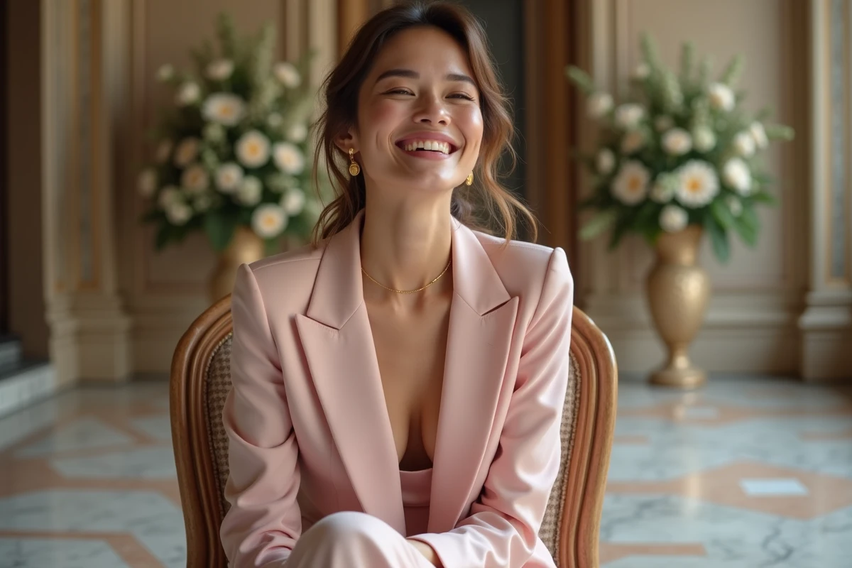 Femme en tailleur rose Mango assise dans une salle de réception de mariage élégante avec sol en marbre