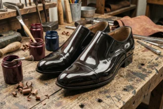 Paire de chaussures en cuir verni posée sur un établi de cordonnier entouré de pots de teinture pour cuir