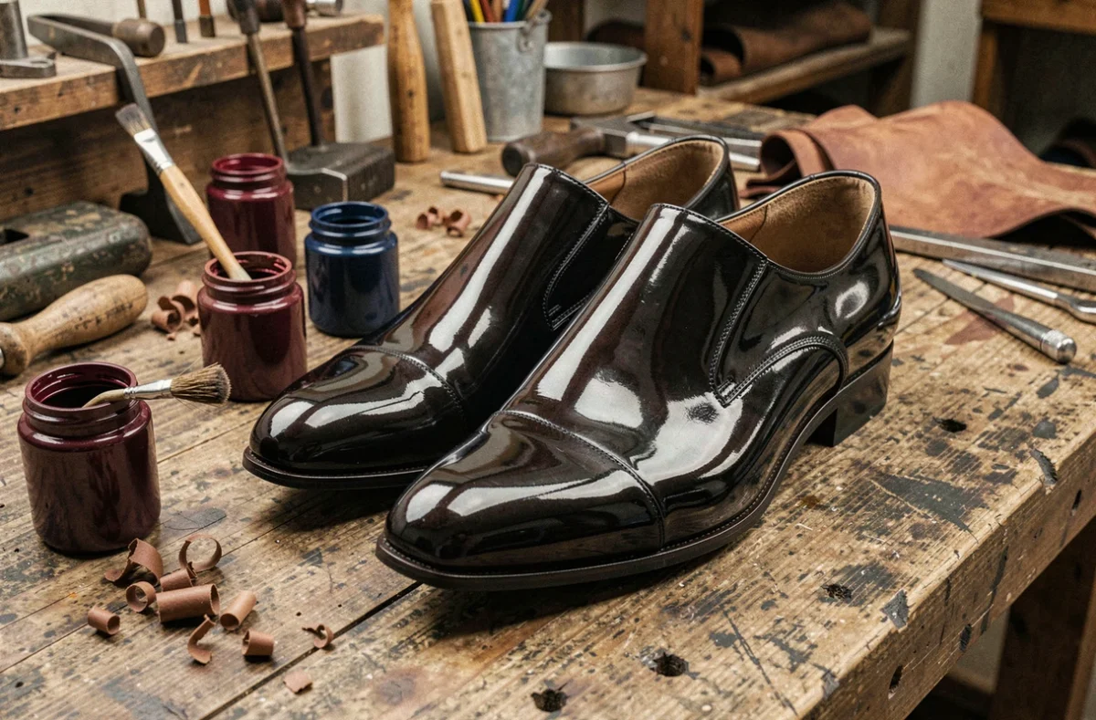 Paire de chaussures en cuir verni posée sur un établi de cordonnier entouré de pots de teinture pour cuir