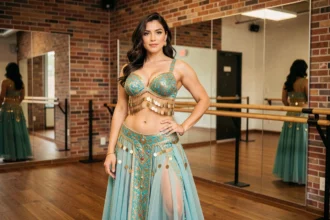 Femme en tenue de danse orientale turquoise et dorée avec frange à pièces dans un studio de danse avec miroir