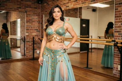 Femme en tenue de danse orientale turquoise et dorée avec frange à pièces dans un studio de danse avec miroir