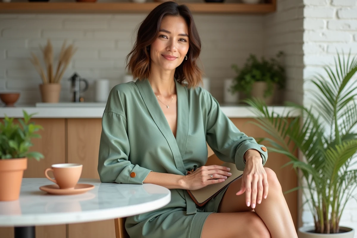 Femme élégamment habillée en robe courte vert sauge avec mules nude et sac structuré cognac dans un café minimaliste contemporain