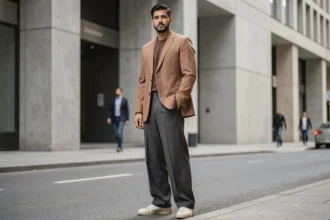 Homme en blazer oversize taupe et pantalon large gris, tenue homme tendance 2026 dans un cadre urbain moderniste