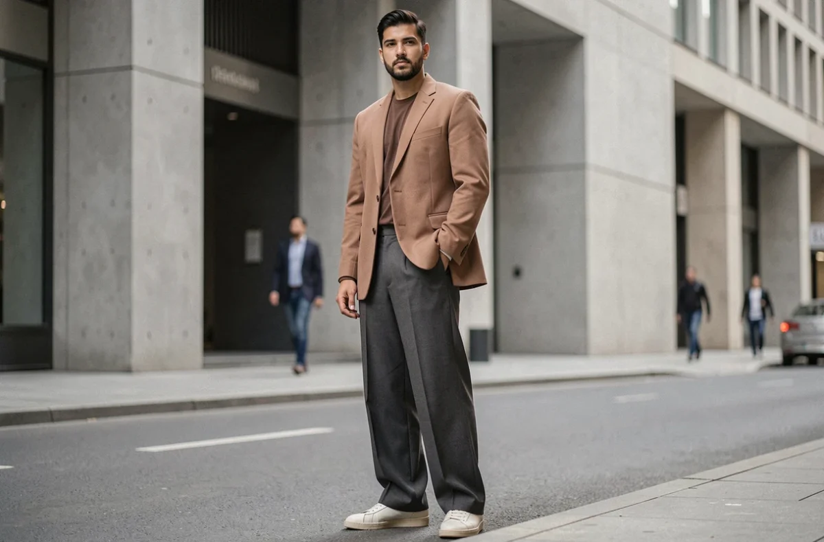 Homme en blazer oversize taupe et pantalon large gris, tenue homme tendance 2026 dans un cadre urbain moderniste