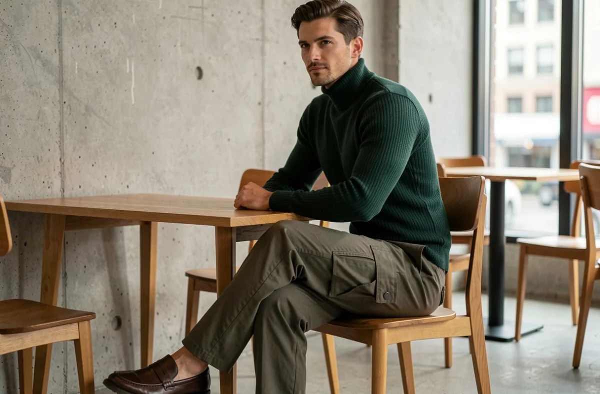 Homme en col roulé vert et pantalon cargo olive dans un café minimaliste, style mode masculine 2026 raffiné