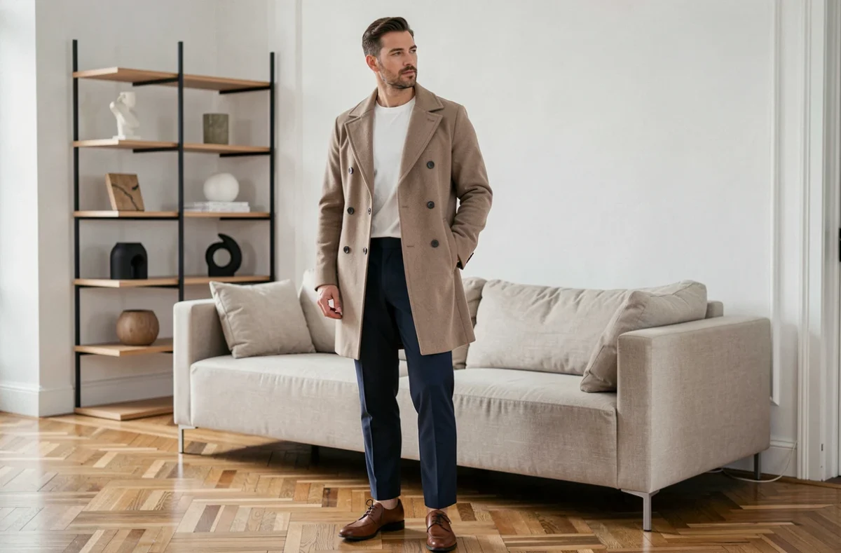 Homme en manteau beige oversize et derby cuir dans un appartement moderne, look homme tendance 2026 élégant et sobre