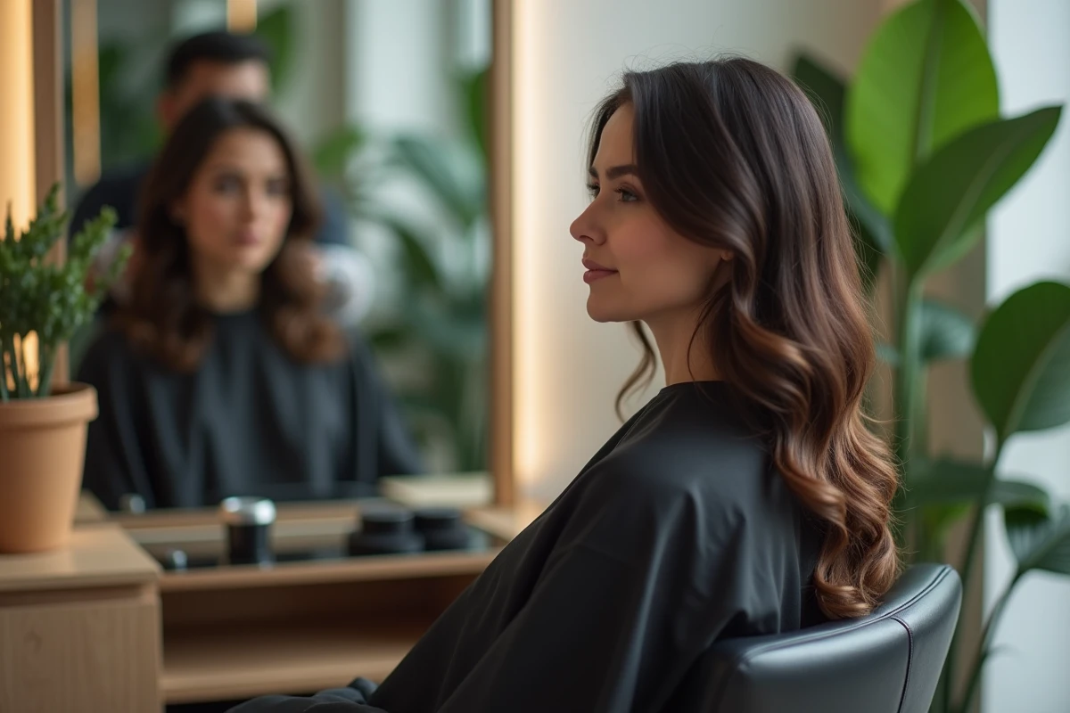 Femme en salon de coiffure moderne observant sa transformation capillaire du naturel au sophistiqué dans un miroir
