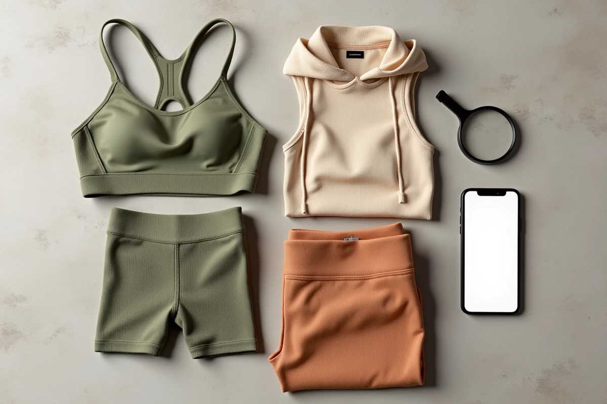 Flat lay de vêtements de sport Halara avec étiquettes et smartphone affichant des informations de transparence sur la chaîne d'approvisionnement
