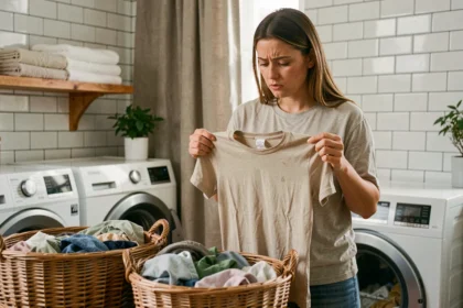Femme triant des vêtements sales dans des paniers en osier dans une buanderie domestique, gestes d'hygiène pour le linge
