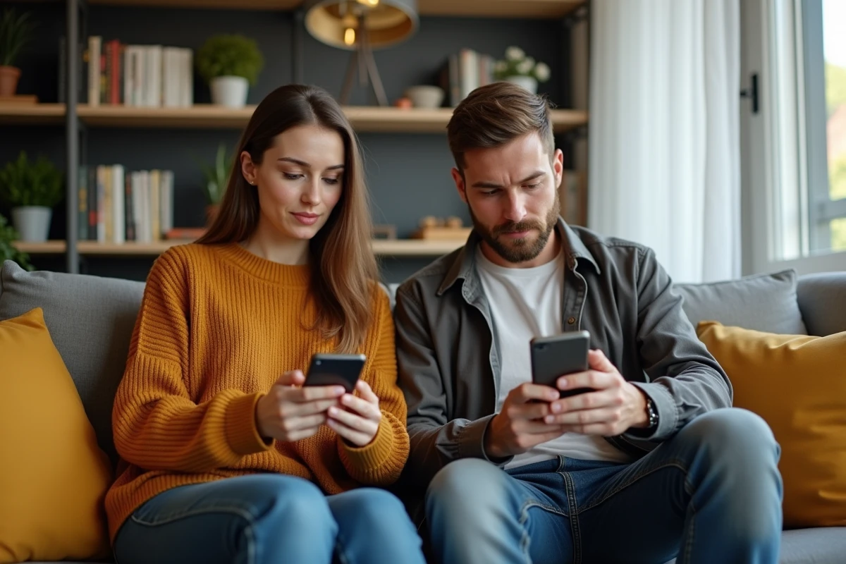 Deux personnes comparant du contenu sur leurs smartphones dans un appartement urbain contemporain