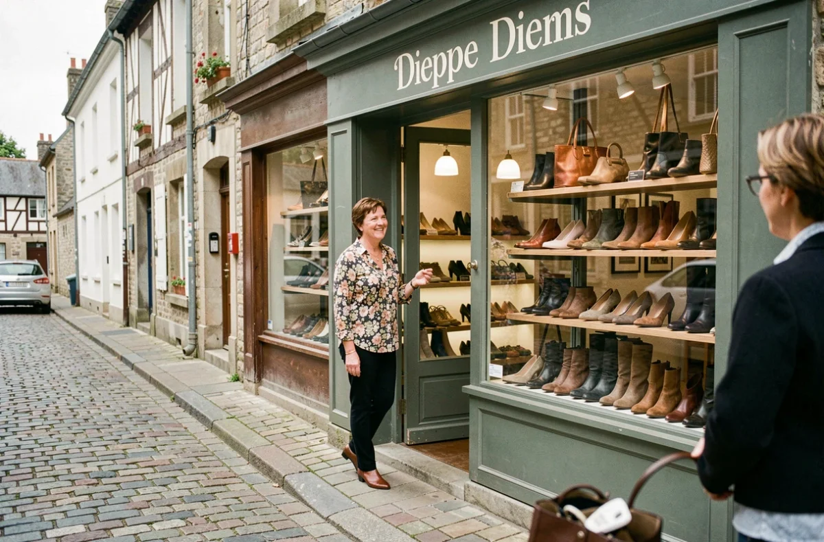 Devanture de la boutique Valérie B. à Dieppe avec une vendeuse accueillant une cliente sur le trottoir pavé
