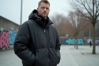 Homme en veste streetwear oversize noire technique avec coutures matelassées et col côtelé, dans un décor urbain hivernal