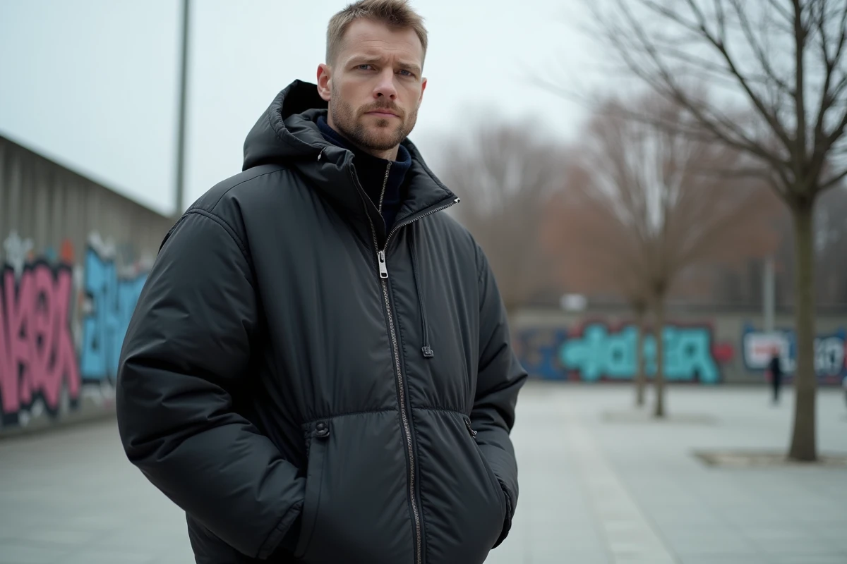 Homme en veste streetwear oversize noire technique avec coutures matelassées et col côtelé, dans un décor urbain hivernal