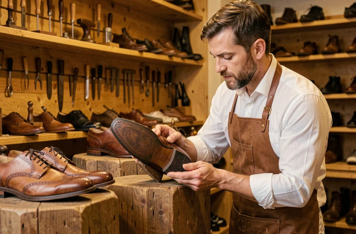 Chausseur Yohann à Caen examinant attentivement la semelle d'un richelieu artisanal dans sa boutique en bois chaleureux